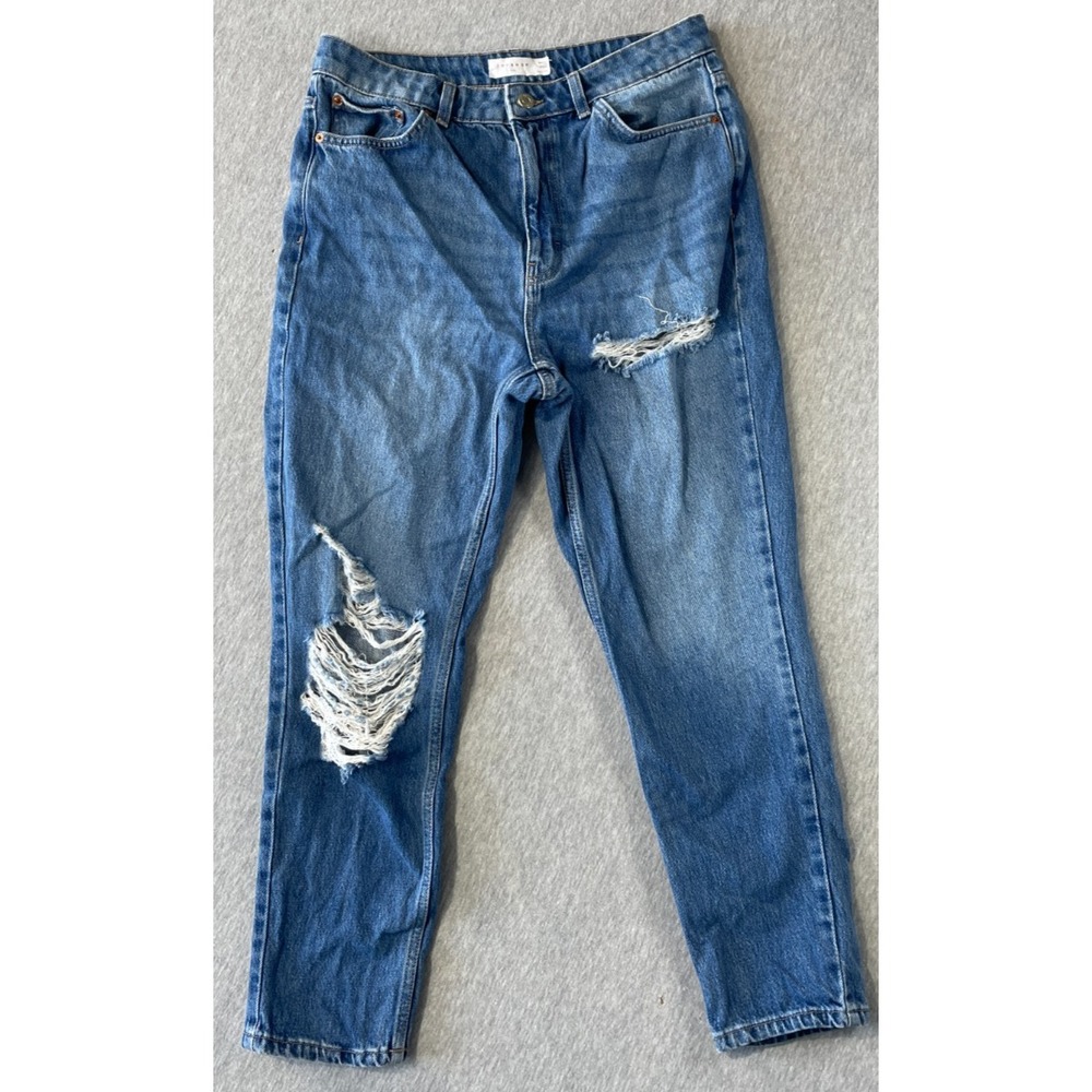 Topshop Mom Jeans Women 10 Blue Medium Wash Denim Cotton Distressed Ripped Knees